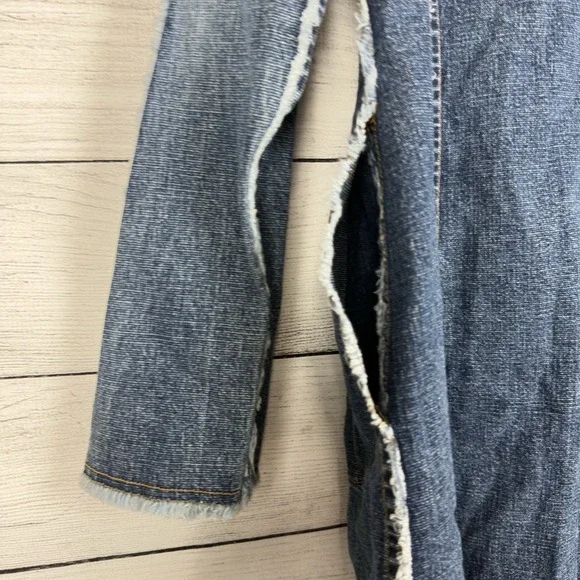 Vintage Y2K Long Denim Jacket Open Frayed Seams Bell Sleeve Women's Large Retro - Picture 7 of 8